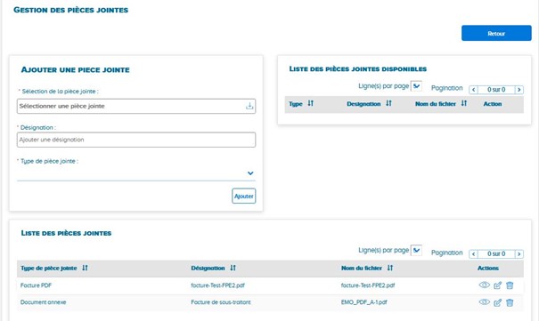 Vue de l'écran de gestion de pièces jointes