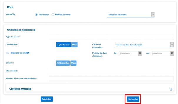 Vue du formulaire de recherche de factures, via le menu Rechercher