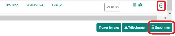 Sélection (en bout de ligne) puis suppression de facture de la synthèse via le bouton "Supprimer"