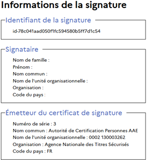 Section Informations de la signature