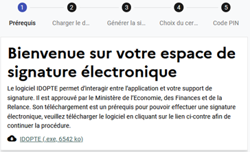 Ecran de bienvenue sur l'espace signature électronique 