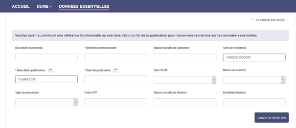 Vue de l'utilitaire de recherche de données essentielles de marché de Chorus Pro
