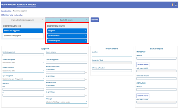 Encadré montrant la liste des contenus : engagement, structure émettrice, structure réceptrice.