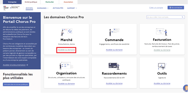 Cliquer sur la tuile Marché à partir de l'accueil du portail de Services