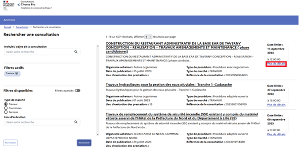 Cliquer sur "plus de détails" dans les résultats pour développer une consultation identifiée
