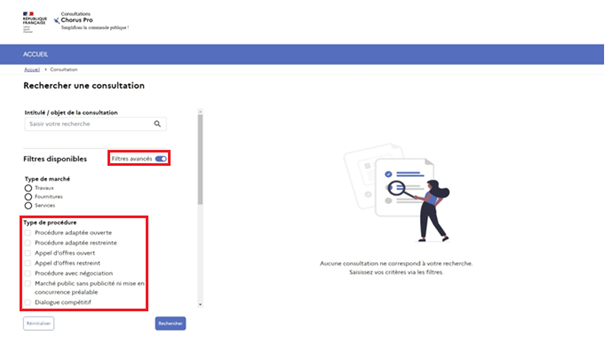 Il est possible d'afficher des critères de recherche additionnels en cochant la zone "filtres avancés"