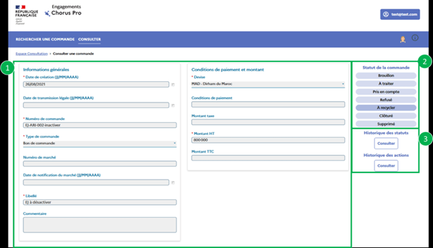 Dans cet encadré vous retrouverez les informations générales (1) à gauche et au centre, les statuts de la commande(2) en haut à droite, et l'historique des statuts (3) en bas à droite.