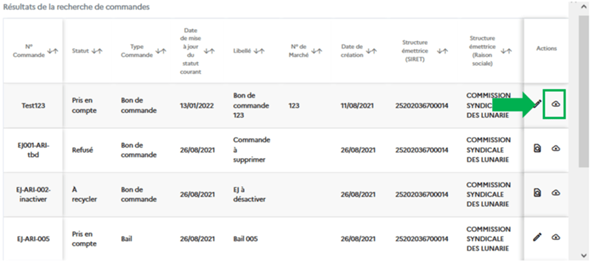 Sur cette capture on voit comment télécharger une commande. Cliquer sur l'icône de téléchargement.