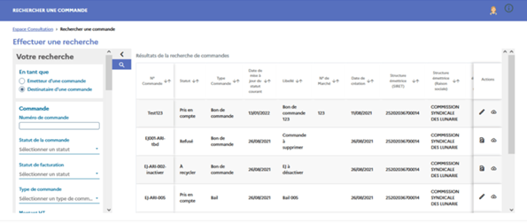 Encadré montrant le résultat de la recherche avec différent type de commande, les différents statuts listés en bas.