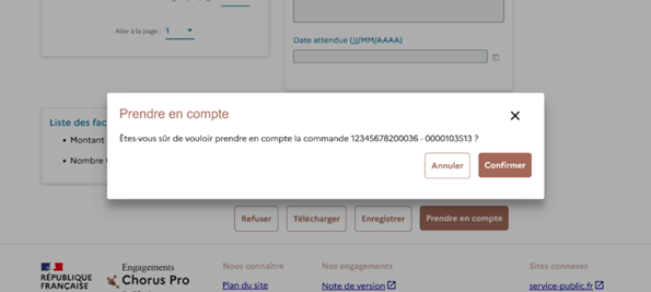Capture affichant une pop up qui apparaît après avoir cliqué sur prendre en compte. On vous demande si vous êtes sûr de vouoir prendre en compte la commande.
