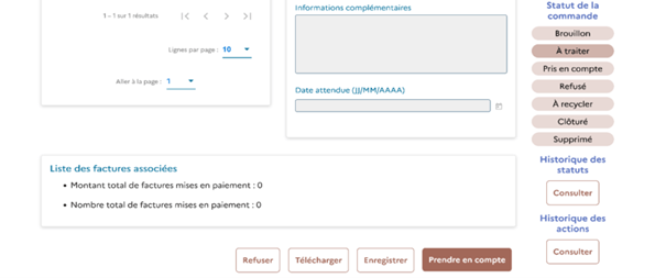 Vu des différents boutons présents en bas d'une commande. Vous pouvez refuser, télécharger, enregistrer et prendre en compte une commande.