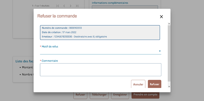 Sur cette capture on vous montre la capture qui apparaît après le refus d'une commande. Vous devez renseigner le motif de refus et un commentaire.