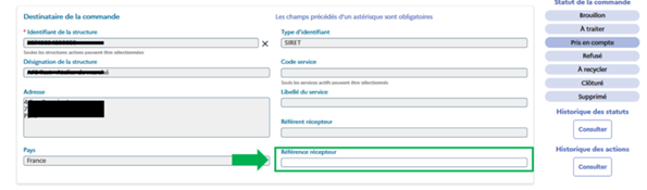 Encadré indiquant l'emplacement du champ "Référence récepteur" en bas de page.