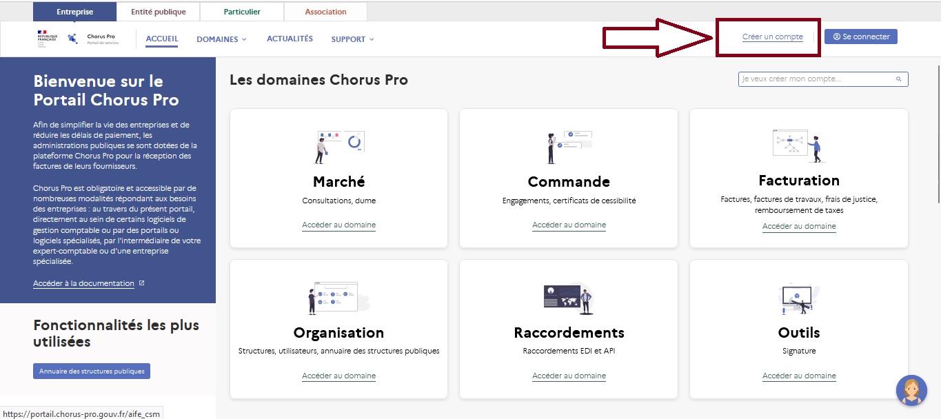 Emplacement du lien "Créer compte" en haut à droite du portail