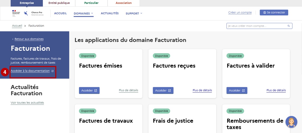 Vue du raccourci vers la documentation placé en partie gauche du portail