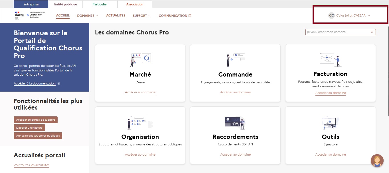 Vue de l'accueil connecté. Le nom de l'utilisateur s'affiche en haut à droite de l'écran