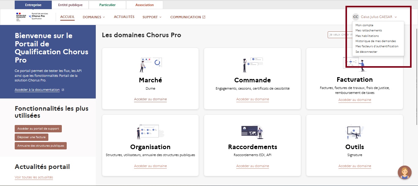 Vue du menu contextuel qui s'affiche lorsqu'on clique sur son nom d'utilisateur