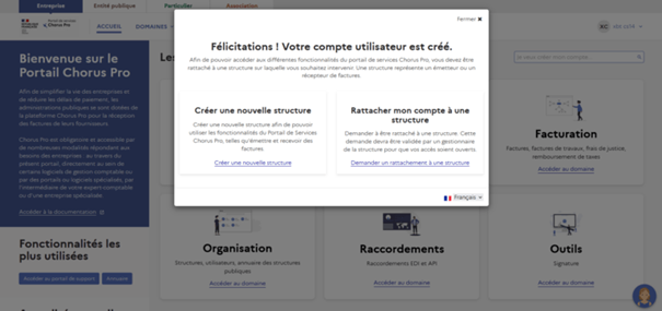 Vue du pop'up de bienvenue à la première connexion