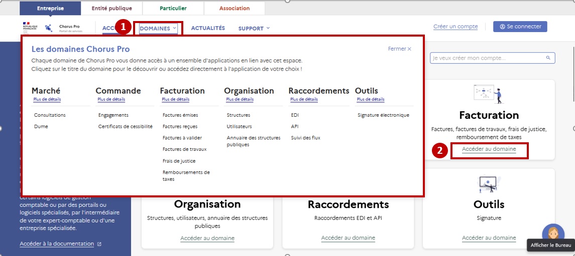 Vue de l'accès au différents domaines du portail de Services