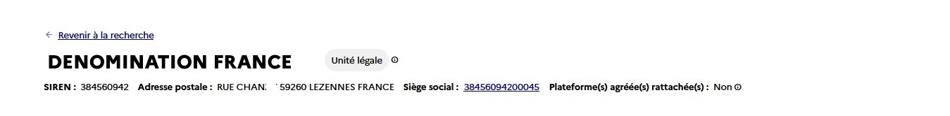 Vue de la section d'entête d'une page de niveau SIREN