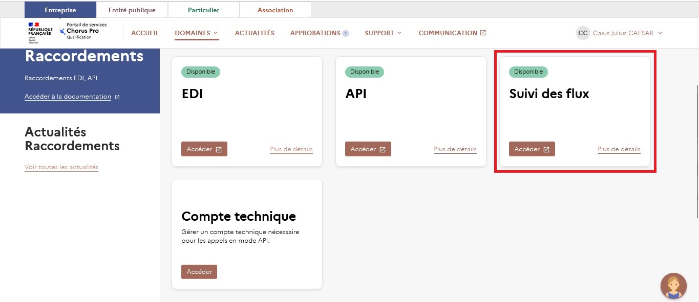 Mode d'accès au suivi des flux : se connecter au portail puis cliquer sur Raccordement puis Suivi des flux