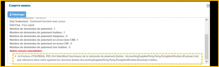 Vue d'un compte-rendu d'intégration avec erreur d'intégration