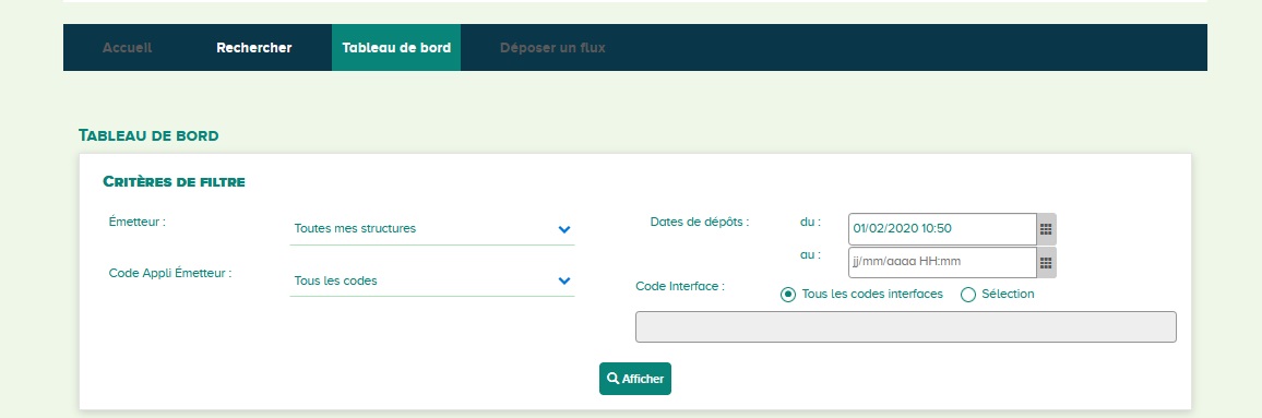 Vue de la page d'accueil des tableaux de bord