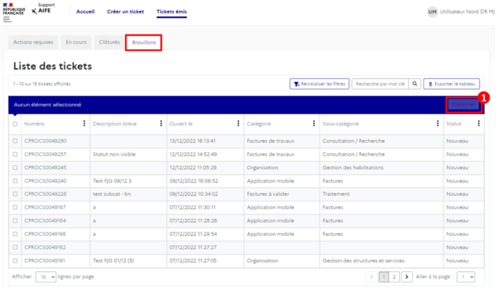 La capture d’écran de la page Tickets émis, onglet « Brouillons » présente la liste des tickets créés non envoyés. Vous pouvez cocher sur un ou plusieurs tickets puis appuyer sur "Supprimer" pour purger ces brouillons de ticket.